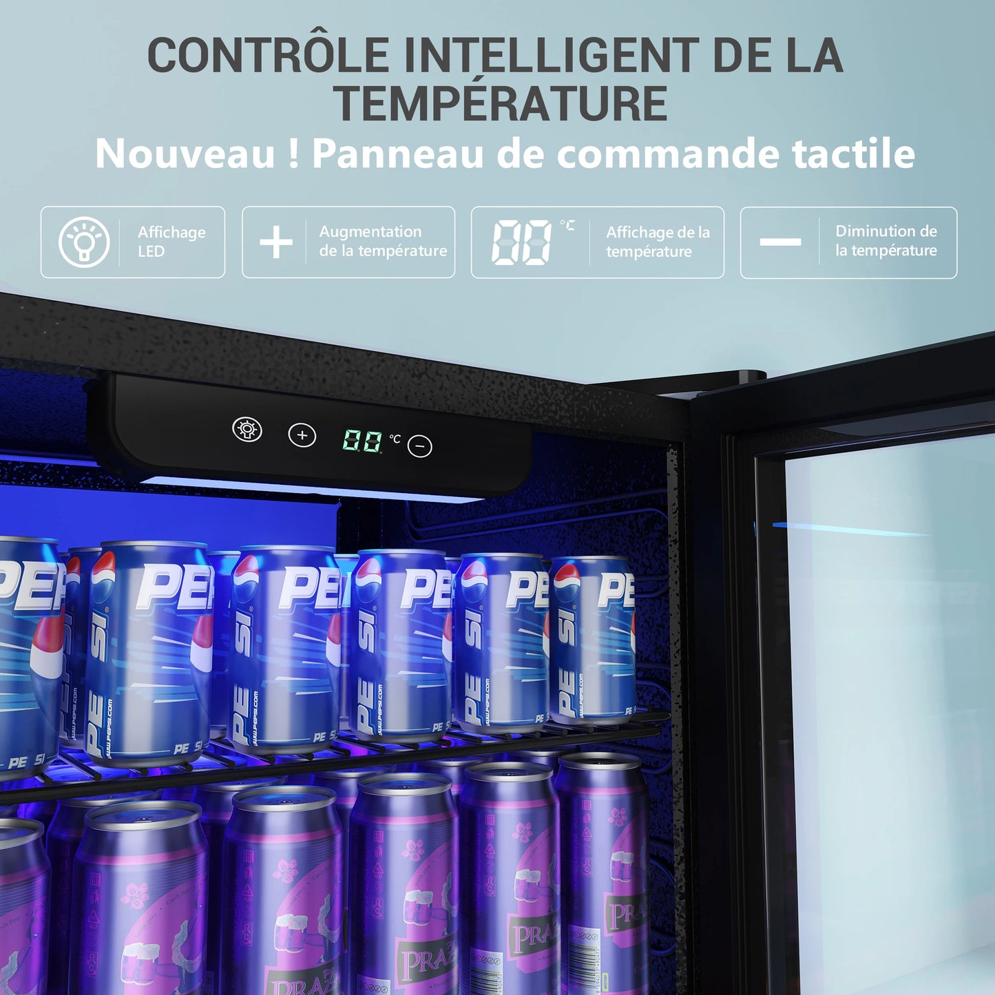 Frigo Bevande 90L Porta in Vetro per 126 Lattine – Cantinetta Birra e Vino con Ripiani Regolabili, Display Digitale, LED Interno, Frigorifero Bevande Casa Bar Ufficio