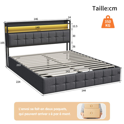 Double padded bed, 140x200 cm, bed 2 people Storage space, head with LED USB, wooden slatted box, Gray