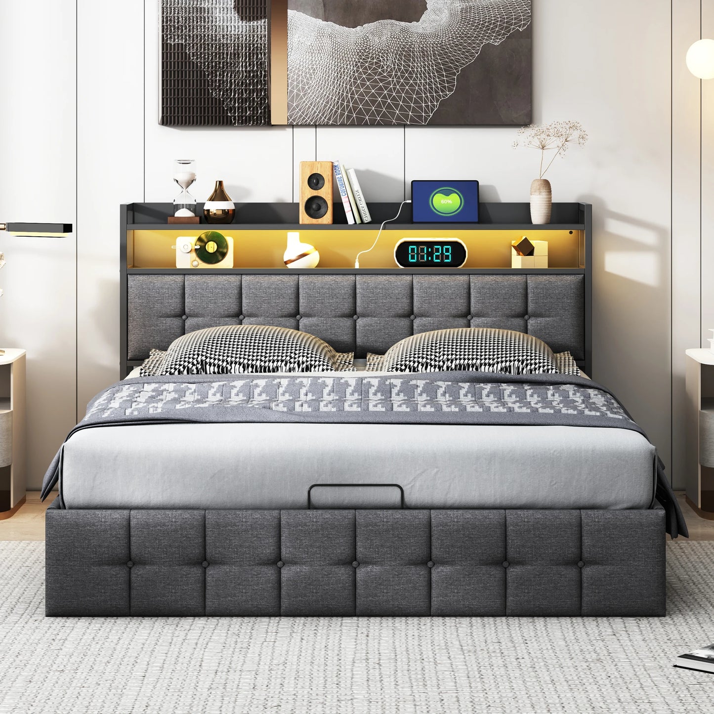 Double padded bed, 160x200 cm, bed 2 people Storage space, head with LED USB, wooden slatted box, Gray