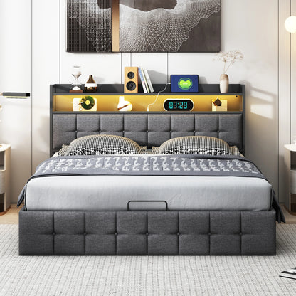 Double padded bed, 160x200 cm, bed 2 people Storage space, head with LED USB, wooden slatted box, Gray