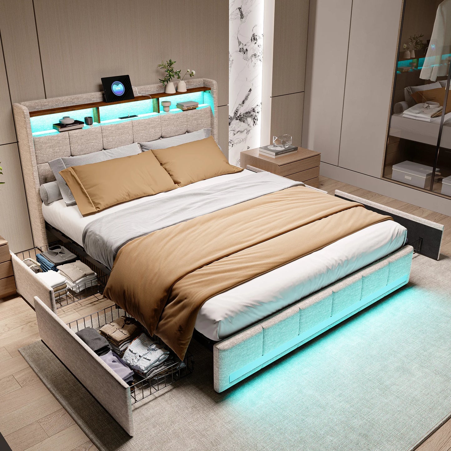 Trunk bed 160x200 with LED box bed USB padded Double bed with 4 drawers padded bed with slatted box and headboard