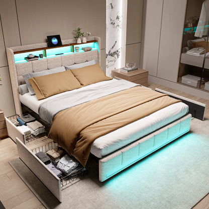 Trunk bed 160x200 with LED box bed USB padded Double bed with 4 drawers padded bed with slatted box and headboard