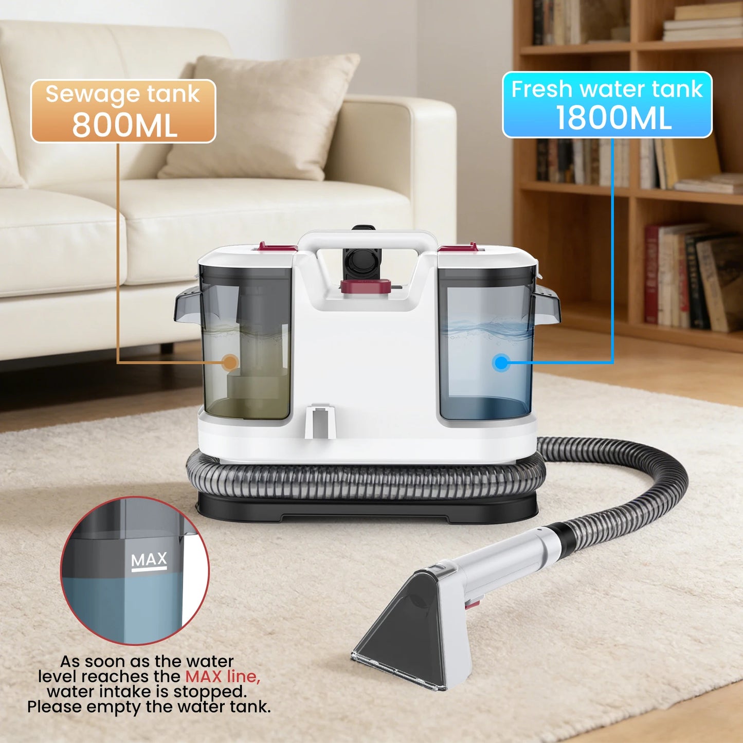Aspiratore Lava Tappeti Portatile 500W ELOOLE – Pulitore Professionale per Tappeti, Divani, Auto e Tessuti con Aspirazione 12KPa, Doppio Serbatoio e 3 Spazzole