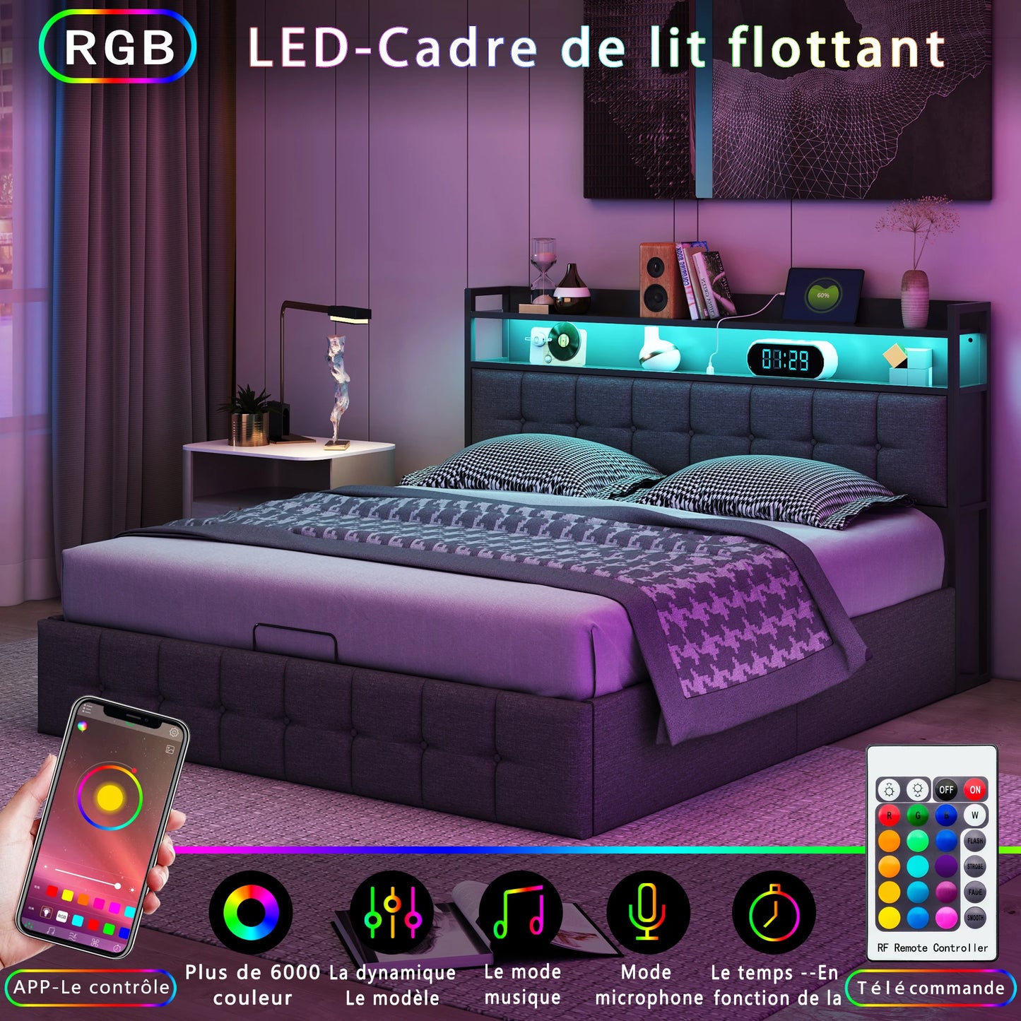 Double padded bed, 160x200 cm, bed 2 people Storage space, head with LED USB, wooden slatted box, Gray