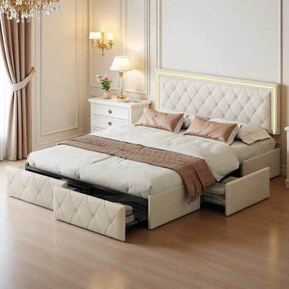 Double bed 140/160x200cm with LED lighting, 4 drawers headboard adjustable bed 2 people slaty box and metal frame