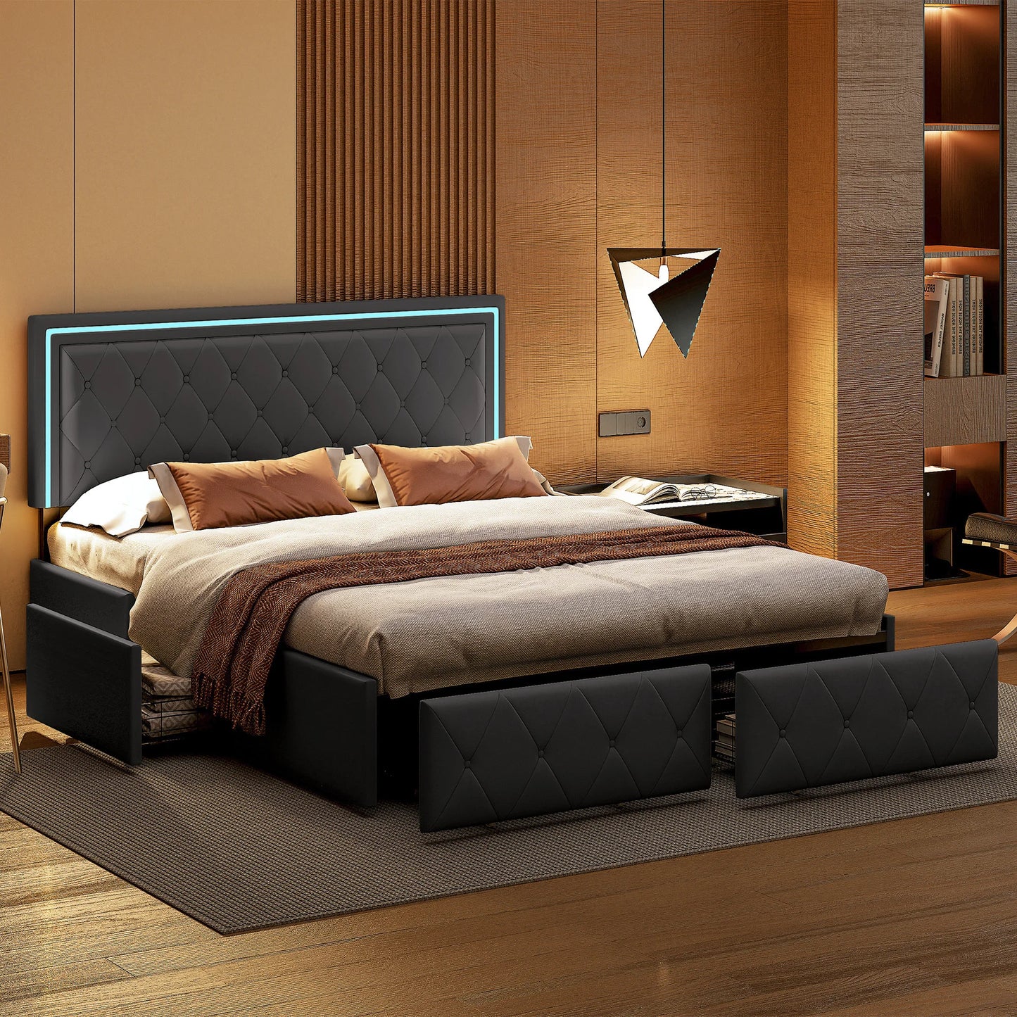 Modern Double Bed 140/160x200cm with LED Lighting, 4-Drawer Headboard, Adjustable Frame & Storage