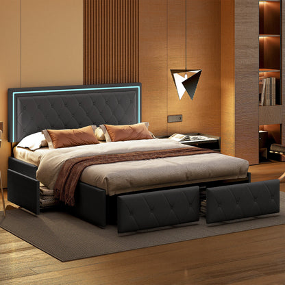 Double bed 140/160x200cm with LED lighting, 4 drawers headboard adjustable bed 2 people slaty box and metal frame