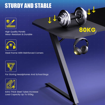 GTPLAYER Gaming table, Gaming desk 120x60cm, PC table Gamer table with Carbon Fiber Surface/LED/socket, Black
