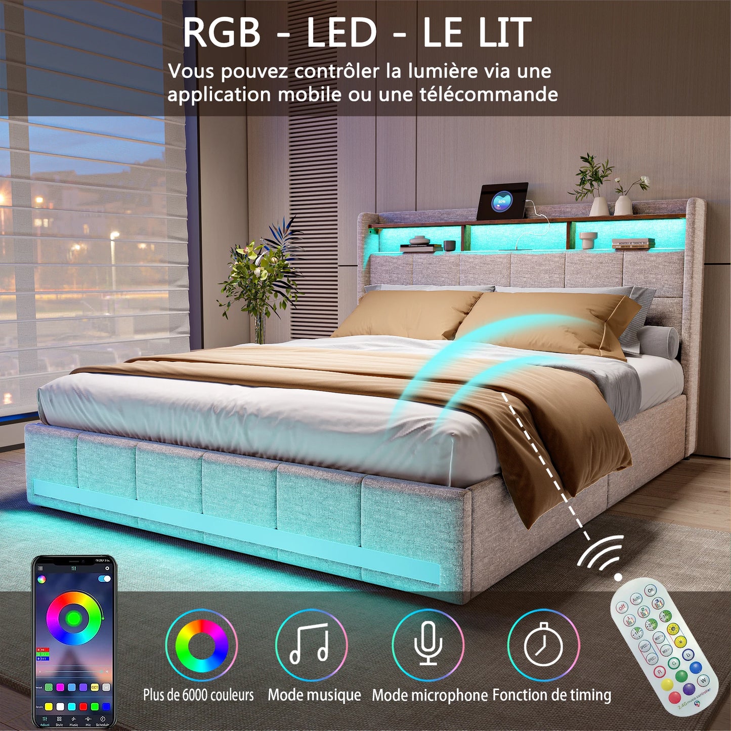 Trunk bed 160x200 with LED box bed USB padded Double bed with 4 drawers padded bed with slatted box and headboard