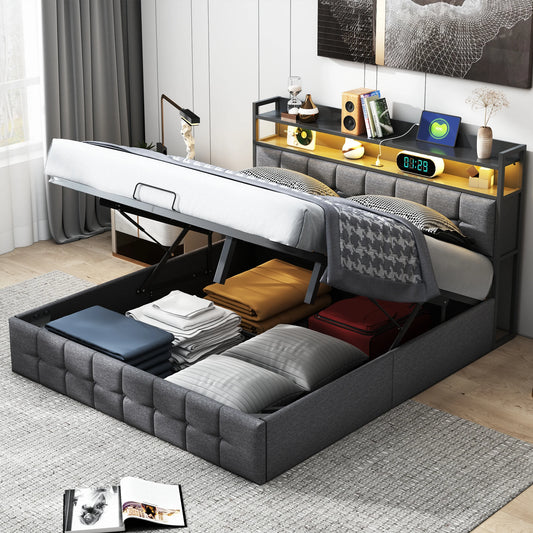 Double padded bed, 140x200 cm, bed 2 people Storage space, head with LED USB, wooden slatted box, Gray