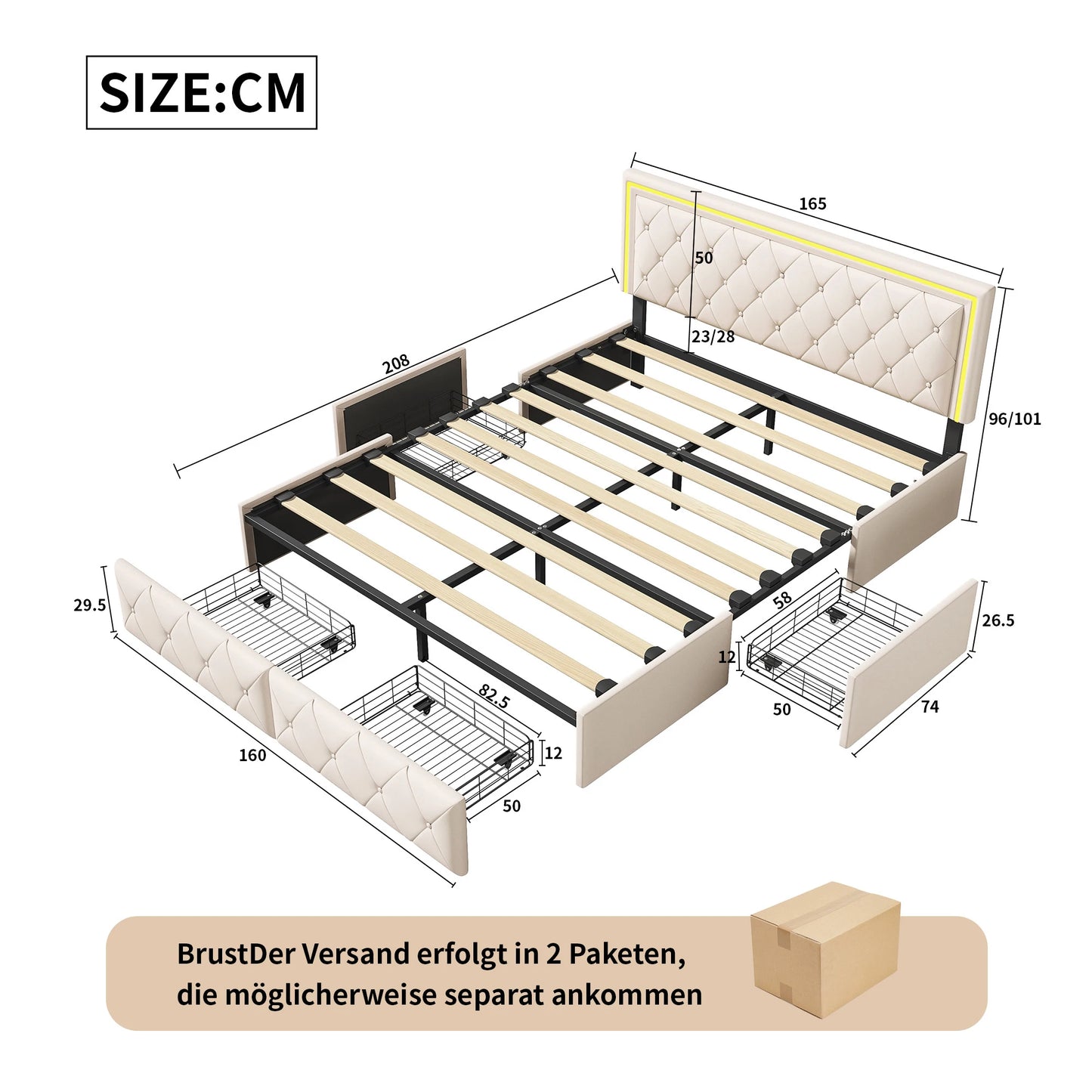 Double bed 140/160x200cm with LED lighting, 4 drawers headboard adjustable bed 2 people slaty box and metal frame