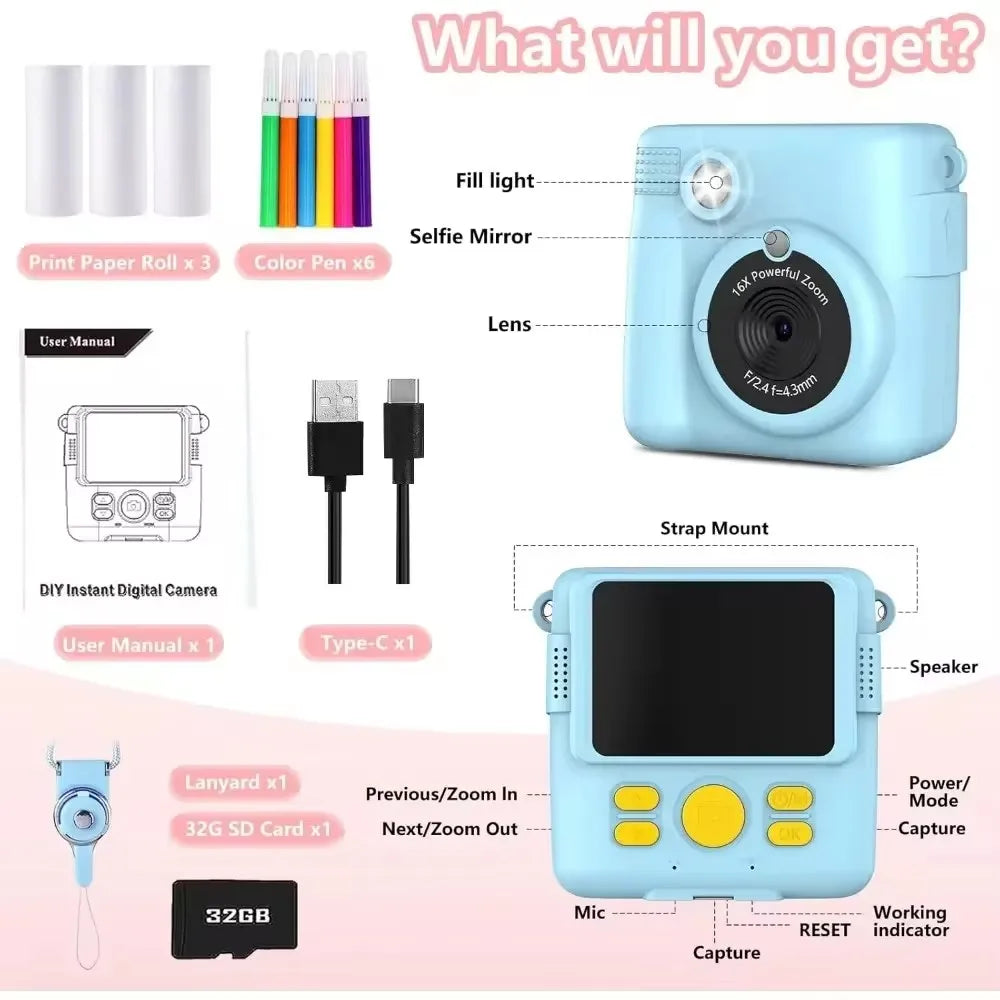 Portable Instant Print Camera for Kids - 1080P HD Video Camera with 3 Rolls Photo Paper and 32GB Card