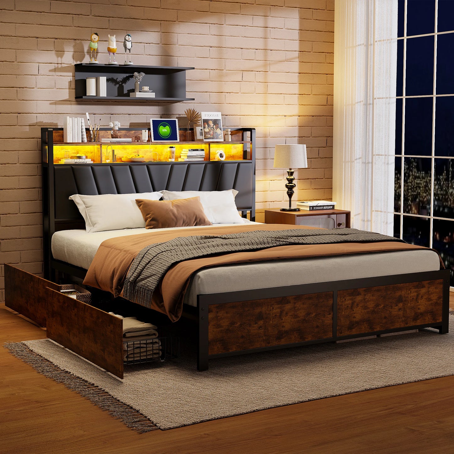 Letto Matrimoniale Imbottito 140/160/180x200 con LED RGB e USB – Letto con 4 Cassetti Contenitore, Testiera Multifunzionale con Presa Elettrica, Design Moderno