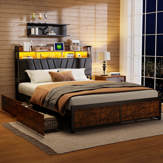 Letto Matrimoniale Imbottito 140/160/180x200 con LED RGB e USB – Letto con 4 Cassetti Contenitore, Testiera Multifunzionale con Presa Elettrica, Design Moderno