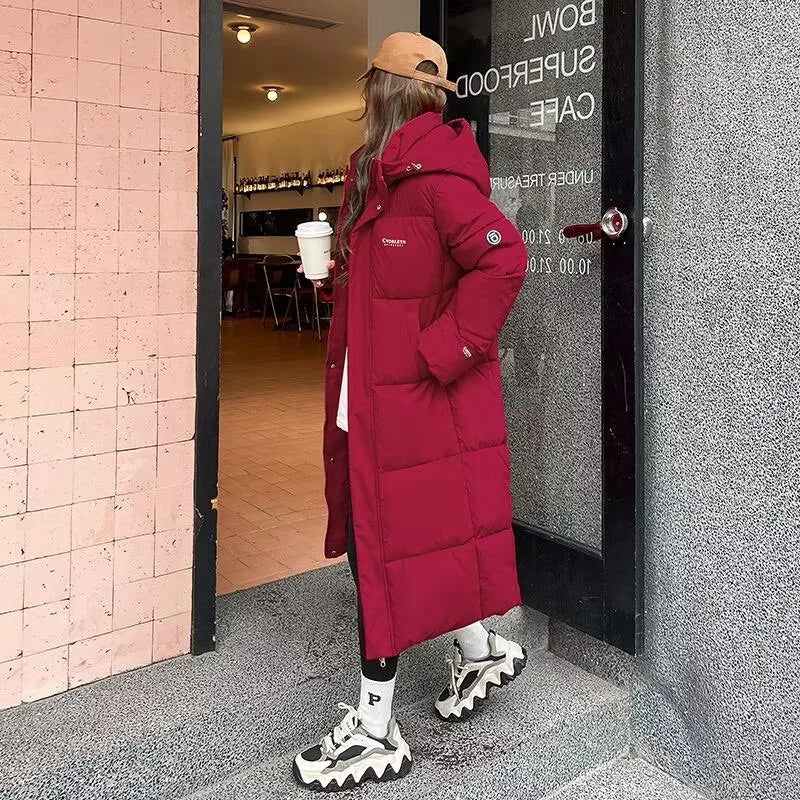 2025 Women’s Long Down Parka with Hood – Thick Cotton Padded Winter Puffer Coat arm Casual Overcoat