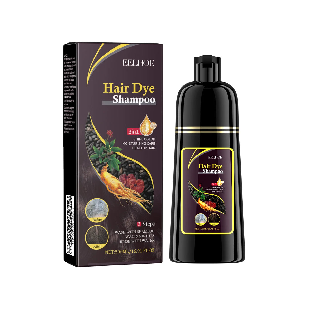 EELHOE Shampoo Colorante Nero 3-in-1 Biologico ed Erboristico. TK