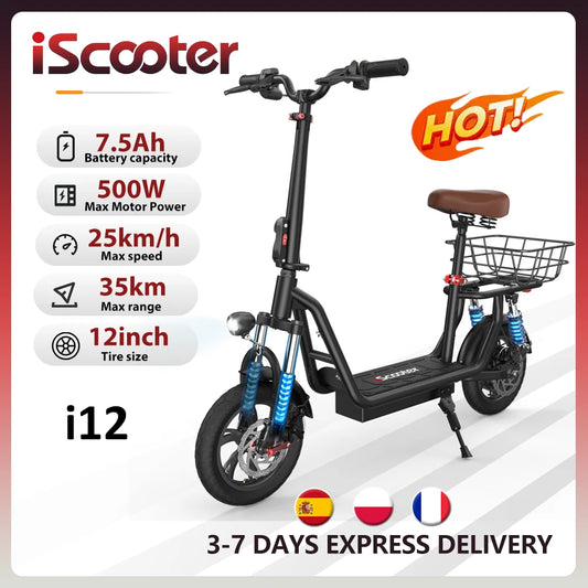 iScooter i12 Electric Scooter With seat And basket 12 Inch 500W