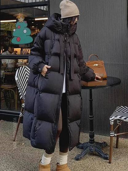 Women’s Korean Long Down Cotton Padded Jacket – Thick Hooded Winter Overcoat Solid Warm Topcoat 2026