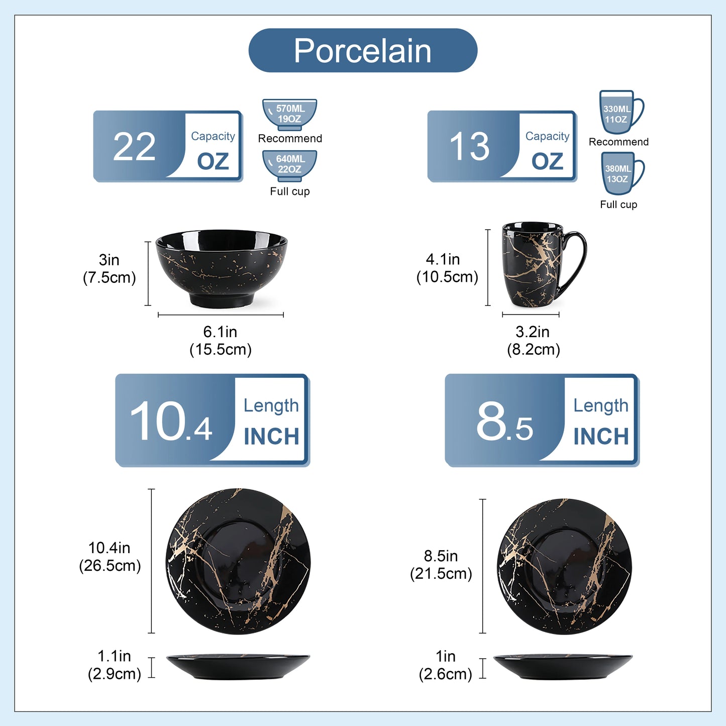 MALACASA marble black tableware set, 16-piece porcelain tableware set, dinnerware set plates and bowls, cups and saucers