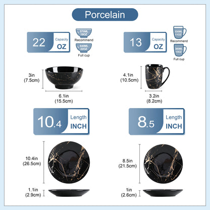 MALACASA marble black tableware set, 16-piece porcelain tableware set, dinnerware set plates and bowls, cups and saucers