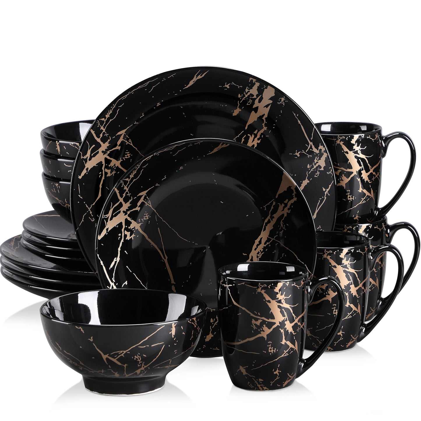 MALACASA marble black tableware set, 16-piece porcelain tableware set, dinnerware set plates and bowls, cups and saucers