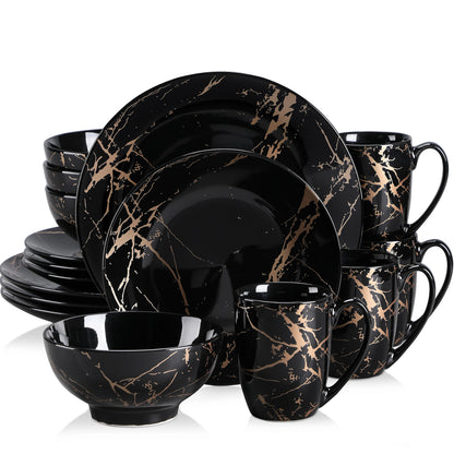 MALACASA marble black tableware set, 16-piece porcelain tableware set, dinnerware set plates and bowls, cups and saucers