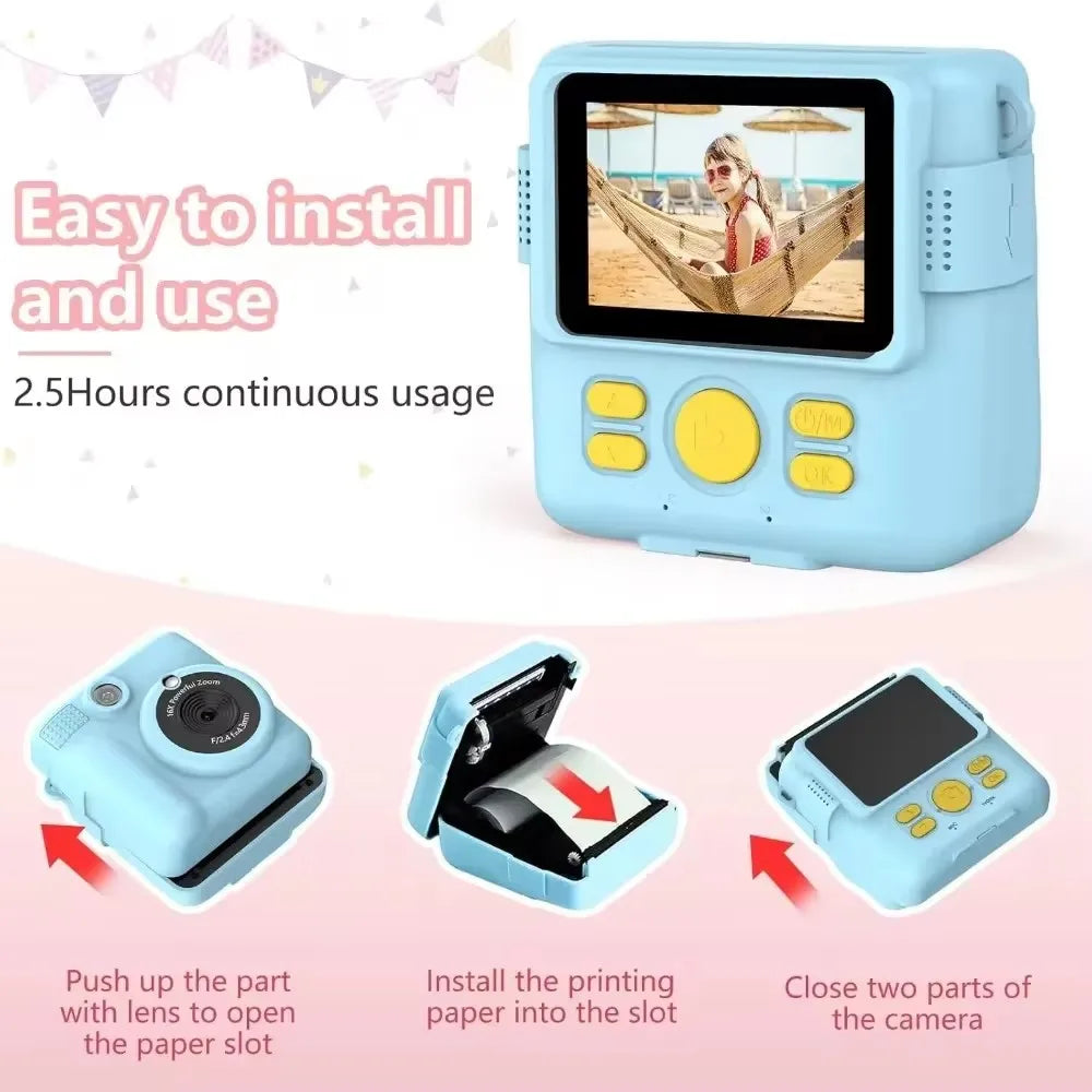 Portable Instant Print Camera for Kids - 1080P HD Video Camera with 3 Rolls Photo Paper and 32GB Card