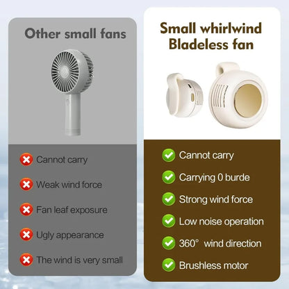 Portable Whirlwind Bladeless Mini Fan – USB Rechargeable Silent Personal Cooling Fan for Home, Office, Travel & Outdoor Use