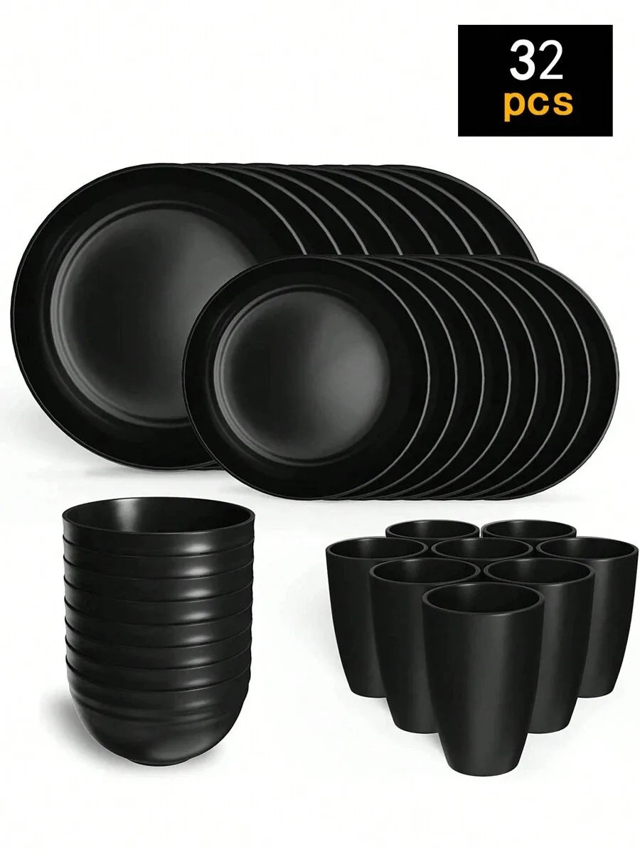 4/16/24pcs Reusable plastic tableware set, including plates, bowls and cups. Suitable for family picnics and school supplies