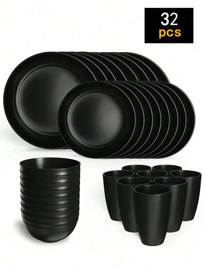 4/16/24pcs Reusable plastic tableware set, including plates, bowls and cups. Suitable for family picnics and school supplies