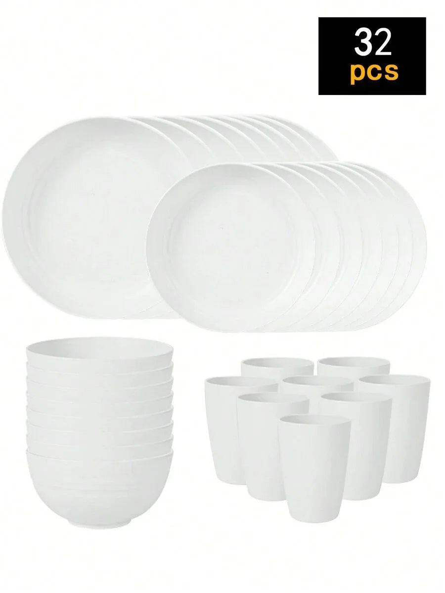 4/16/24pcs Reusable plastic tableware set, including plates, bowls and cups. Suitable for family picnics and school supplies