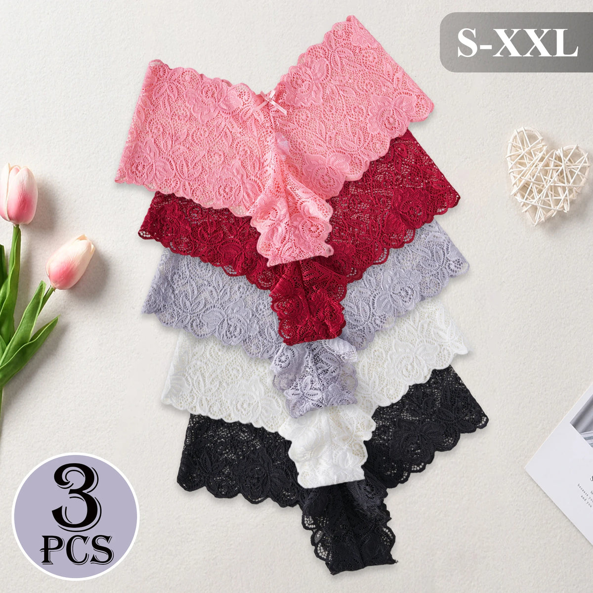 Slip in Pizzo con Taglio a V e Ricamo Floreale (3 Pezzi) - Intimo Semitrasparente. TK
