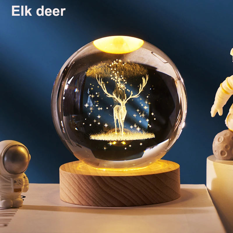 6cm 3D Crystal Ball Decoration 2024 Astronomy Solar System Planets Moon Astronaut LED Balls Home Snow Glass Globe Decorations