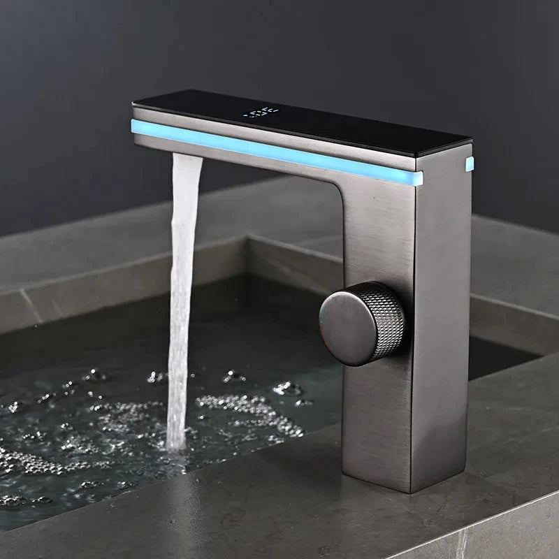 Digital Display Bathroom Basin Faucet Intelligent LED Brass Deck