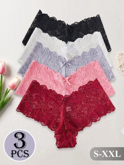 Slip in Pizzo con Taglio a V e Ricamo Floreale (3 Pezzi) - Intimo Semitrasparente. TK