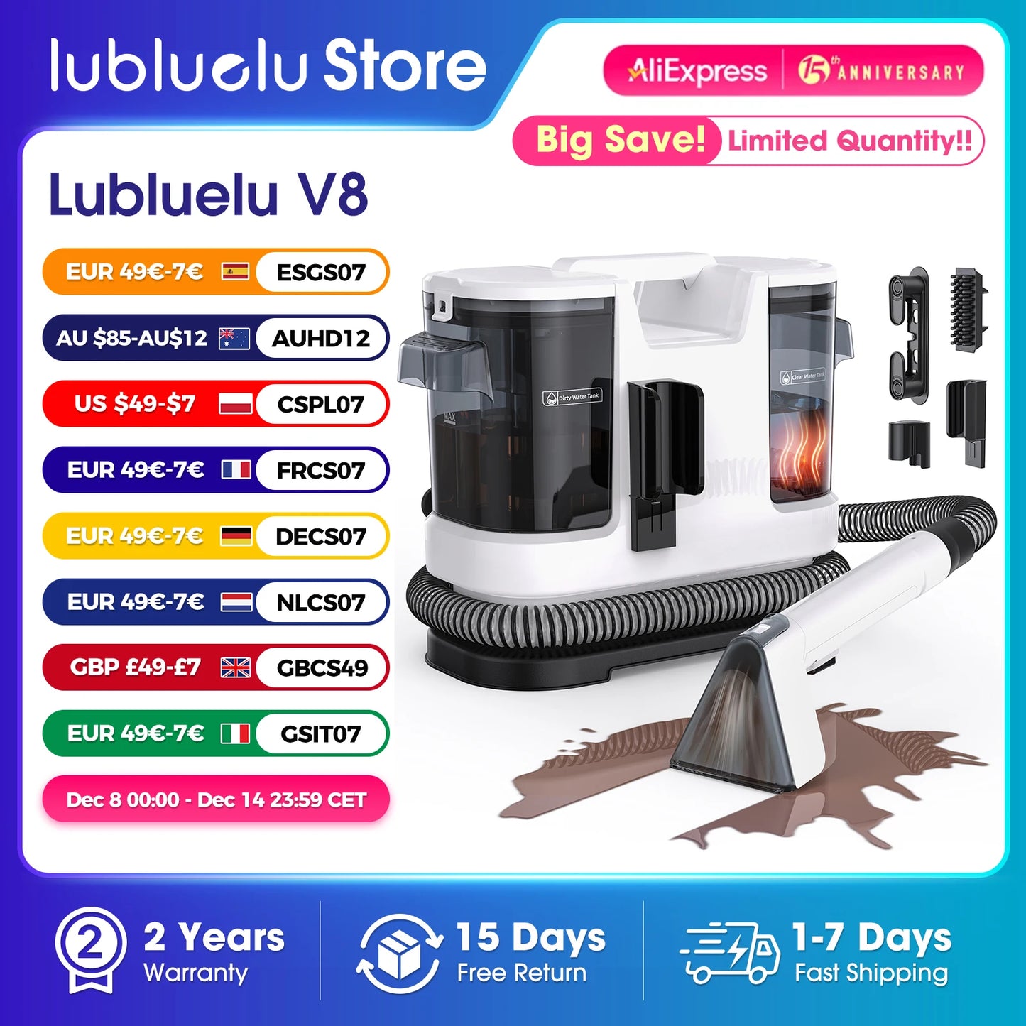Lubluelu V8 800W Hot Water Carpet Cleaner  60°C Deep