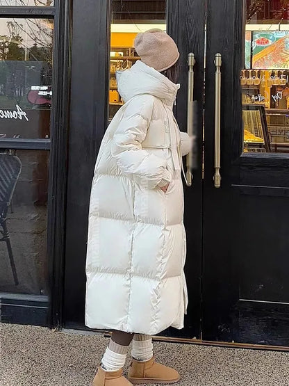 Women’s Korean Long Down Cotton Padded Jacket – Thick Hooded Winter Overcoat Solid Warm Topcoat 2026