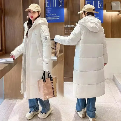 2025 Women’s Long Down Parka with Hood – Thick Cotton Padded Winter Puffer Coat arm Casual Overcoat