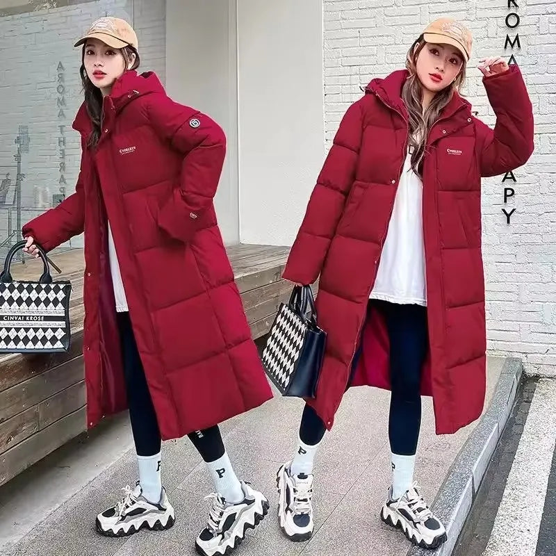 2025 Women’s Long Down Parka with Hood – Thick Cotton Padded Winter Puffer Coat arm Casual Overcoat