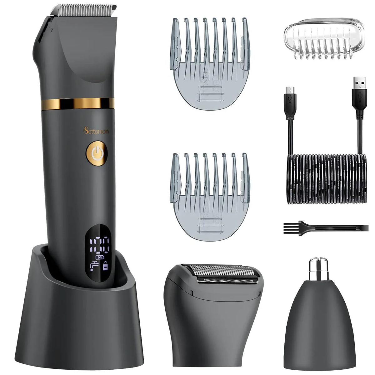 Scttomon Kit Regolabarba e Tagliacapelli 5-in-1 - Rasoio Elettrico con Base. TK