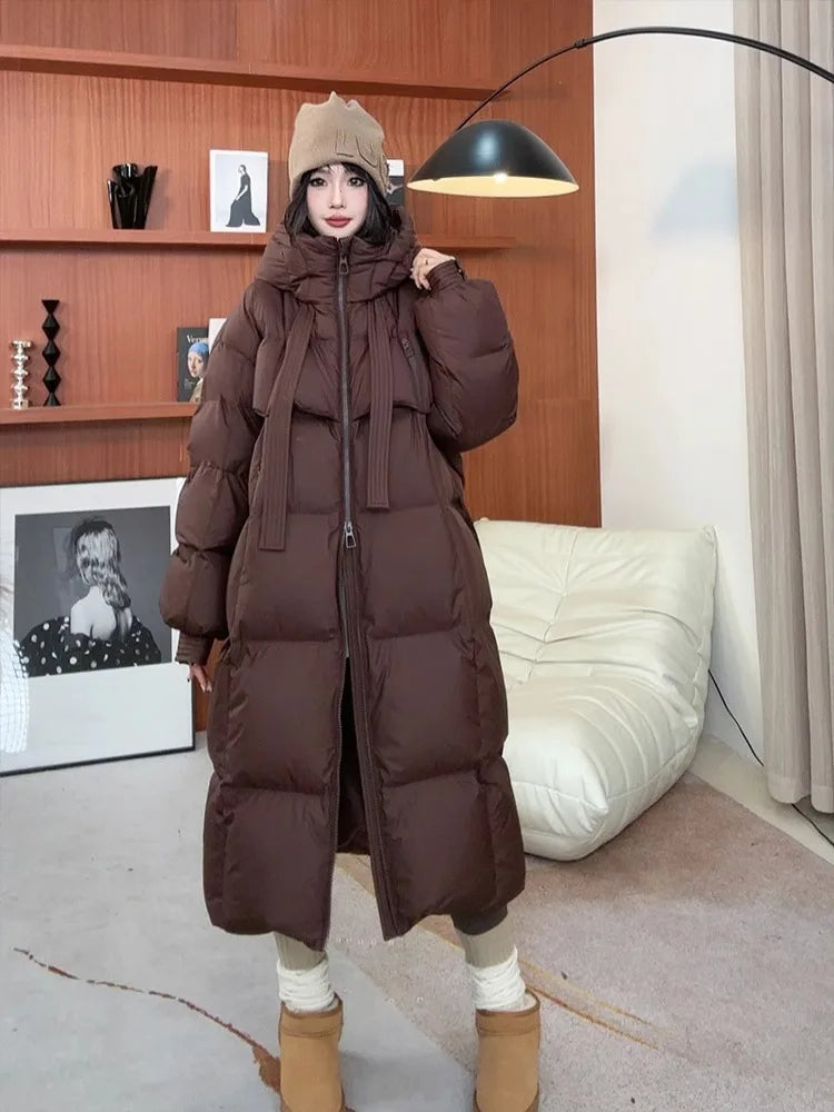 Women’s Korean Long Down Cotton Padded Jacket – Thick Hooded Winter Overcoat Solid Warm Topcoat 2026