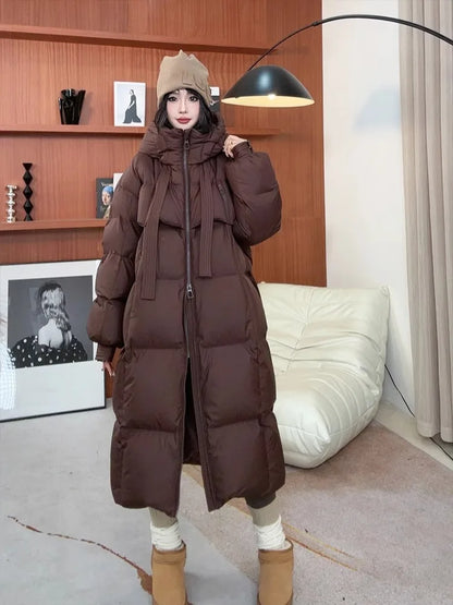 Women’s Korean Long Down Cotton Padded Jacket – Thick Hooded Winter Overcoat Solid Warm Topcoat 2026