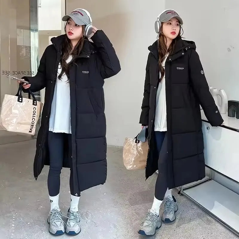 2025 Women’s Long Down Parka with Hood – Thick Cotton Padded Winter Puffer Coat arm Casual Overcoat