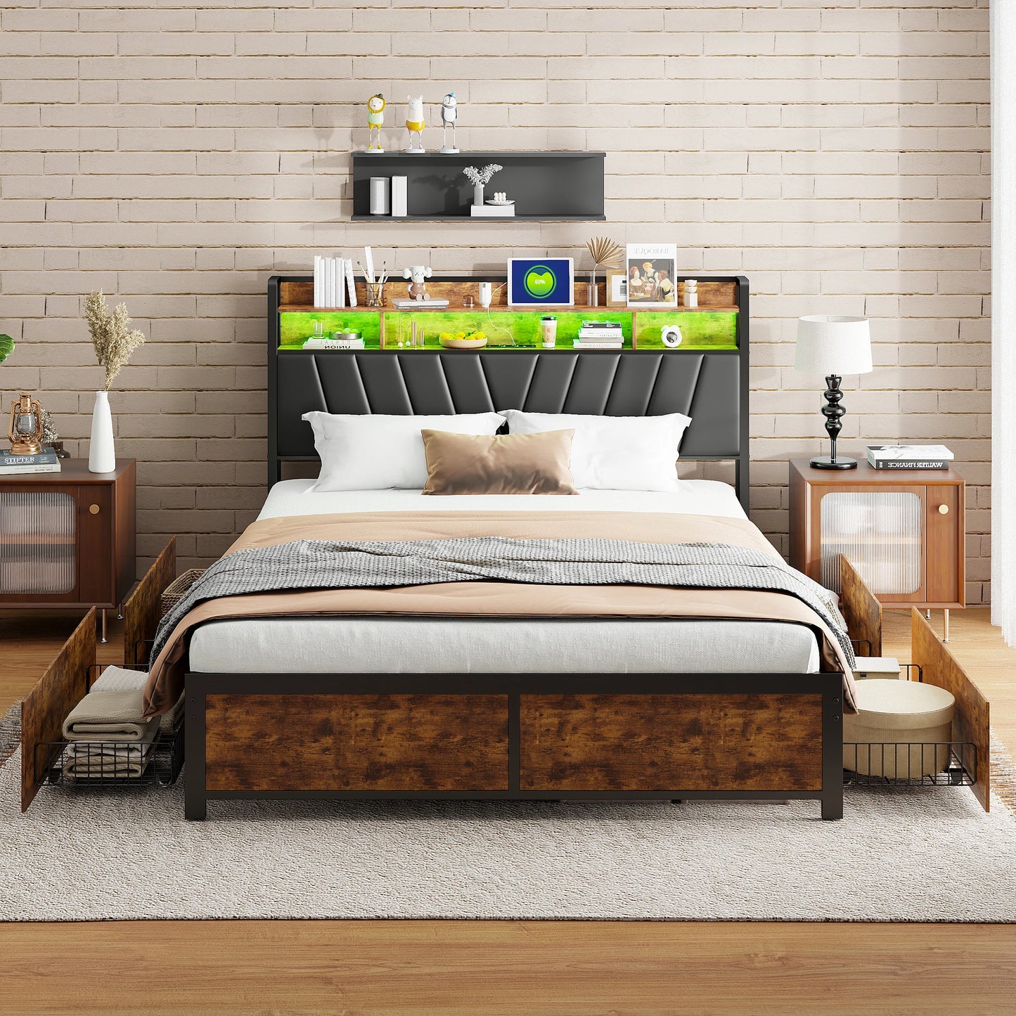 Letto Matrimoniale Imbottito 140/160/180x200 con LED RGB e USB – Letto con 4 Cassetti Contenitore, Testiera Multifunzionale con Presa Elettrica, Design Moderno