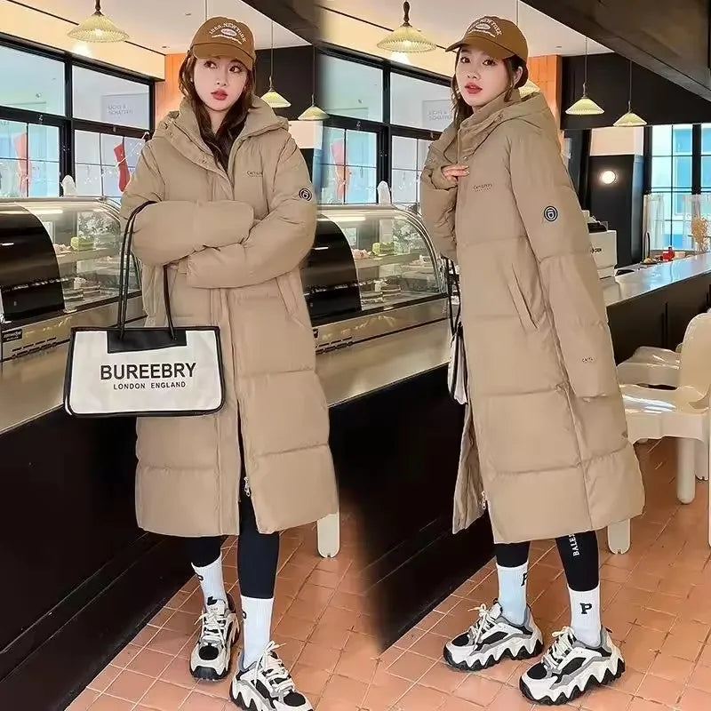 2025 Women’s Long Down Parka with Hood – Thick Cotton Padded Winter Puffer Coat arm Casual Overcoat