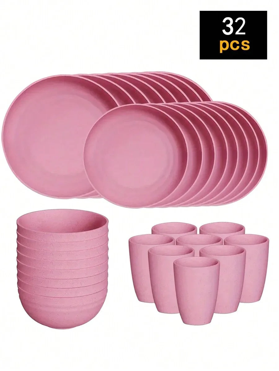 4/16/24pcs Reusable plastic tableware set, including plates, bowls and cups. Suitable for family picnics and school supplies