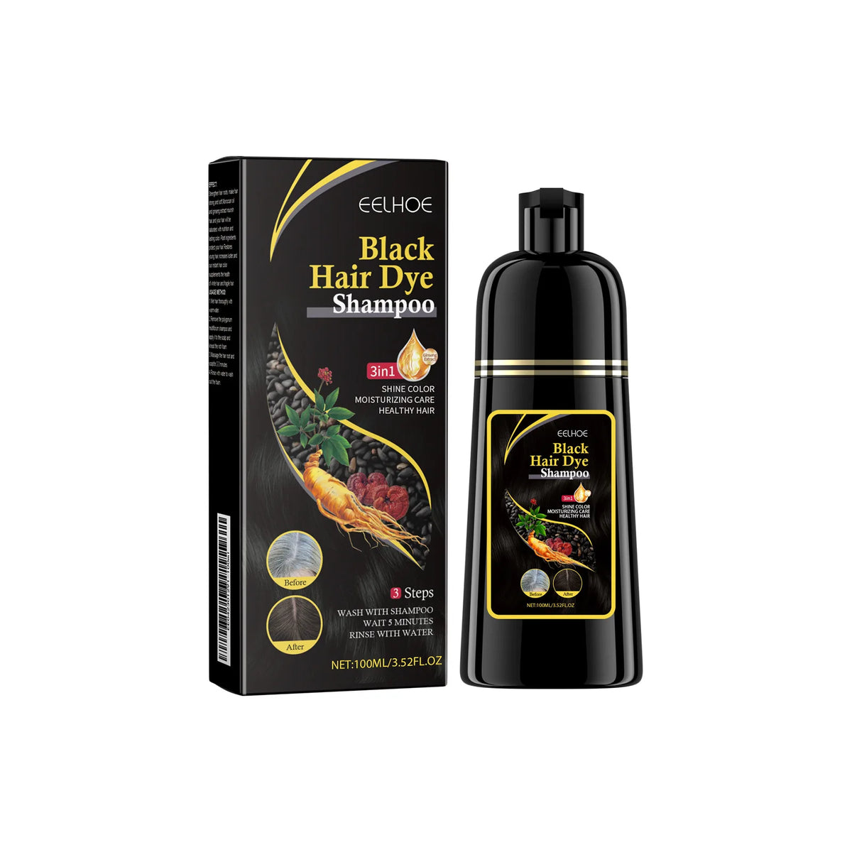 EELHOE Shampoo Colorante Nero 3-in-1 Biologico ed Erboristico. TK