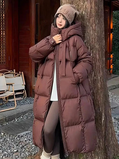 Women’s Korean Long Down Cotton Padded Jacket – Thick Hooded Winter Overcoat Solid Warm Topcoat 2026