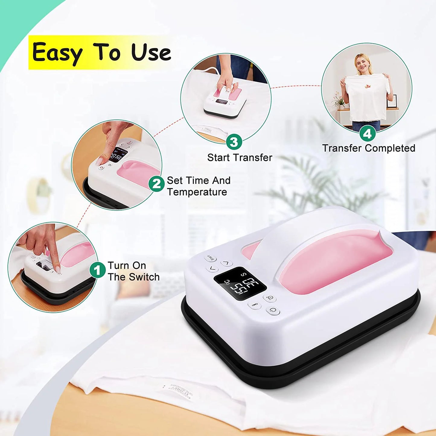 HP6 Heat Press Machine – 7''x5'' Portable T-Shirt Press – Fast Heat-Up Iron for T-Shirts, Heat Transfer & DIY Projects (Pink)