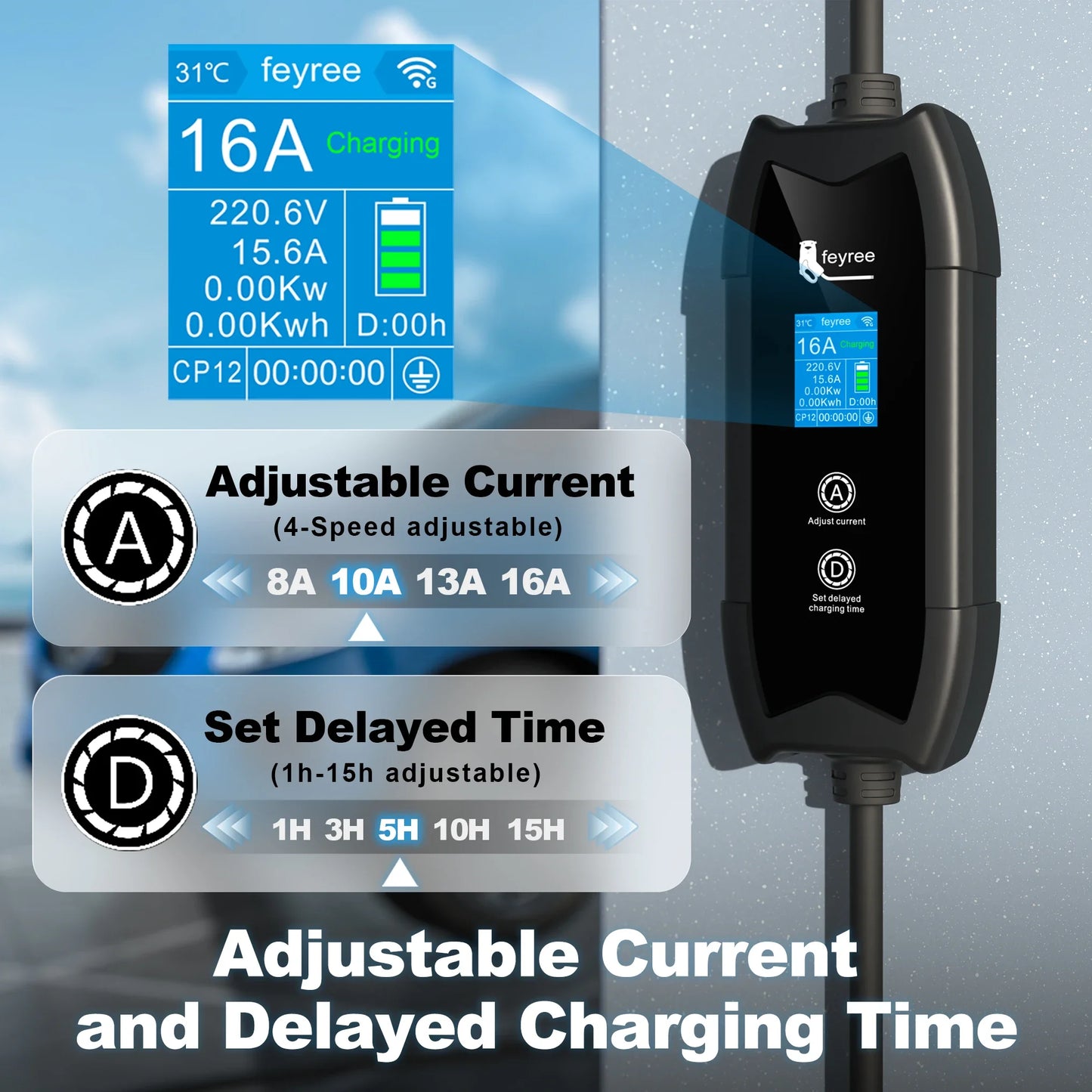 feyree EV Charger Type2 16A 3.5KW 1Phase WIFI APP Control 5M Cable Portable Charging Box Set Charging&DelayTime for EV Cars